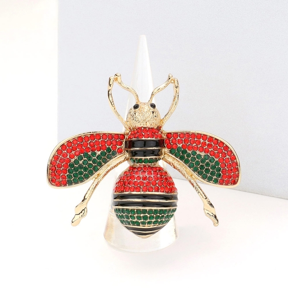 Gold Red Green Rhinestone Crystal Stretch HoneyBee Ring - Picture 1 of 3
